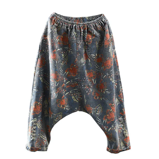 Spring Denim Jeans Women Retro Print Patchwork Sanding Wide Loose Washed Female Full-Length Cross-pants Vintage Tide Fahsion |