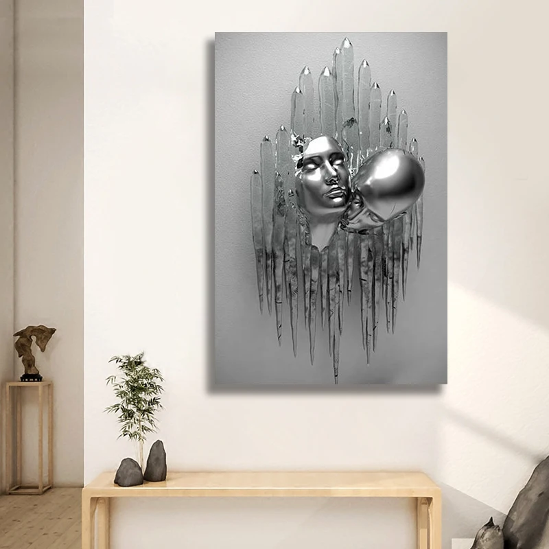 

Lovers Metal Sculpture Art Posters and Prints Romantic Statue Wall Art Canvas Painting Cuadros Picture for Living Room Decor