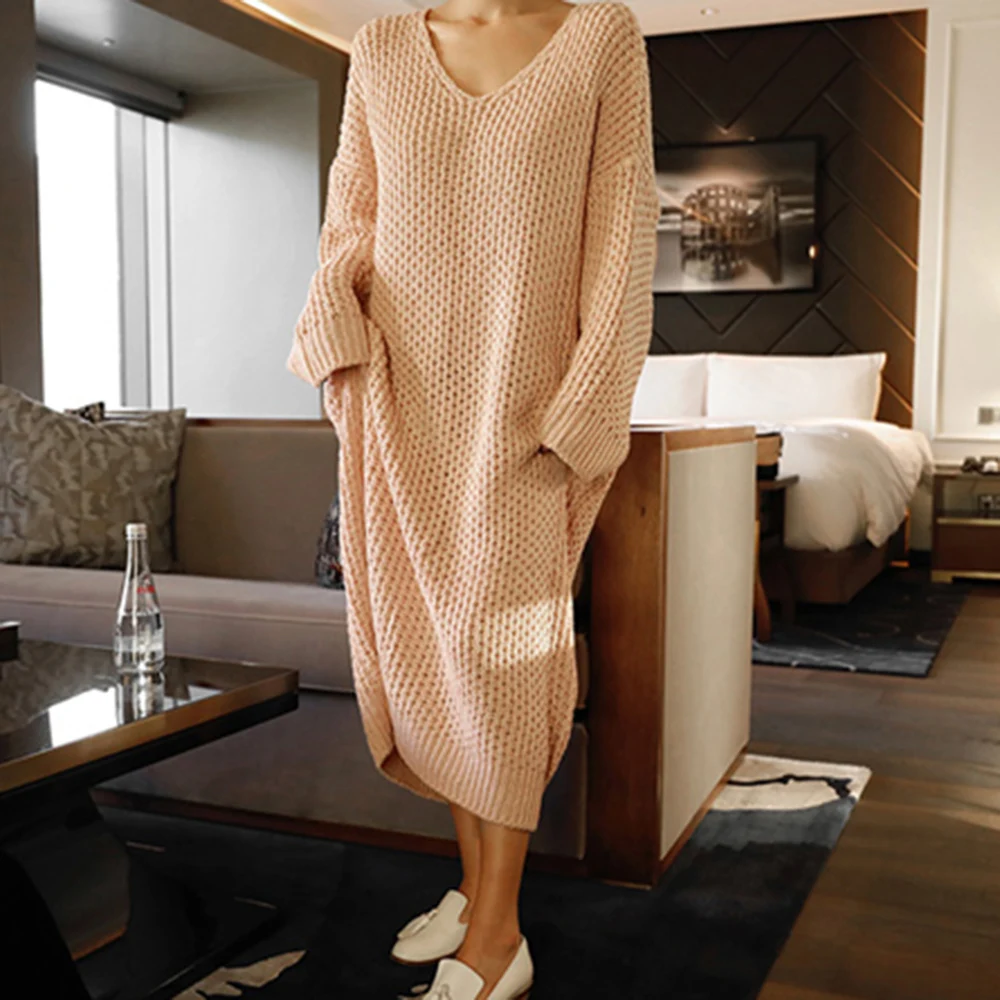 

Korean Version Japanese Dress Fashion Loose V-neck Over The Knee Bat Sleeve Long Autumn Winter Knit Dress