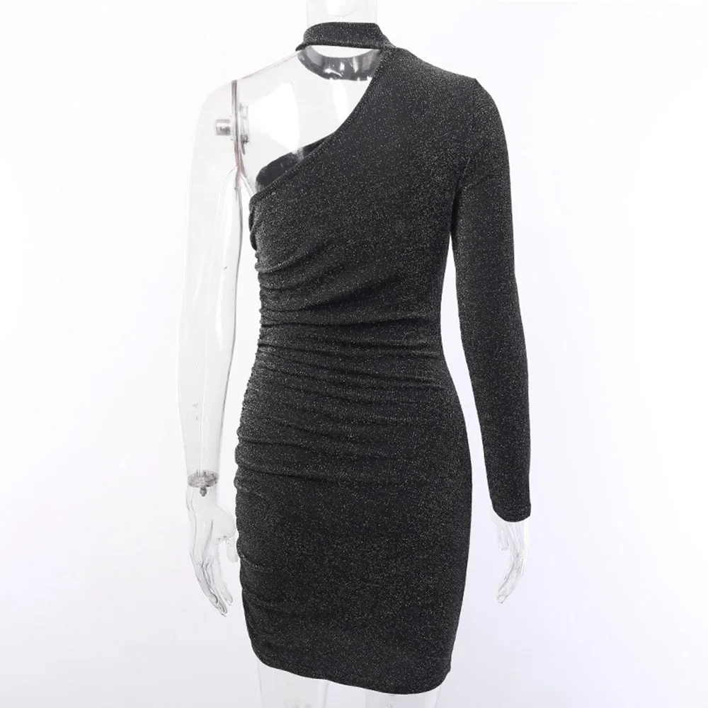 Сексуальное платье с лямкой на шее одно плечо облегающее мини длинными рукавами