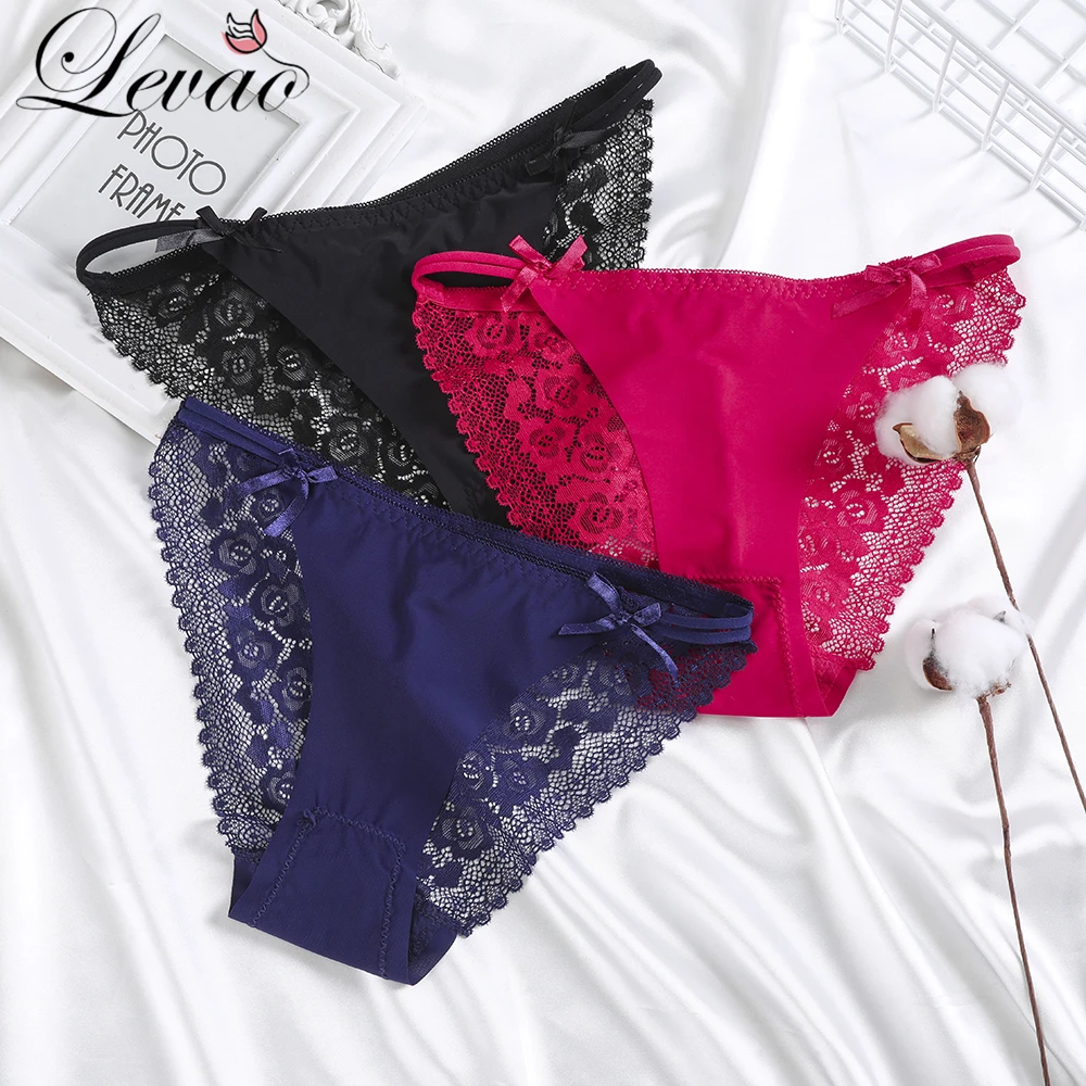 

LEVAO Sexy Women Bow Ice Silk Panties Lace Briefs Seamless Pants Girls Underwear Lingerie Transparent Underpants Thong Underwear