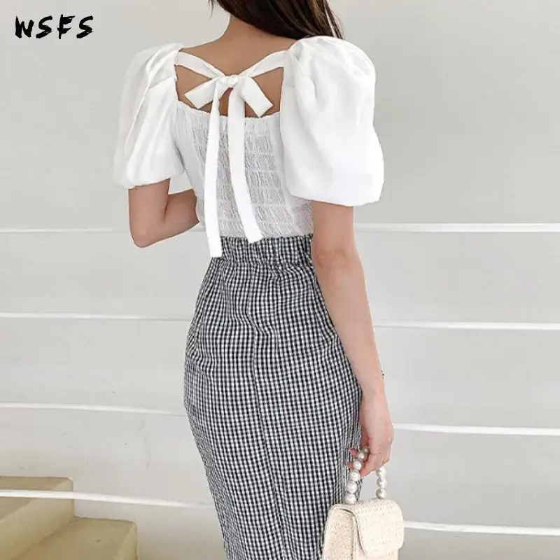 

2 Piece Set Summer Dress White Puff Sleeve Tops Women Dresses Bandage Bodycon Sexy Party Black Plaid Draped Skirt Korean Clothes