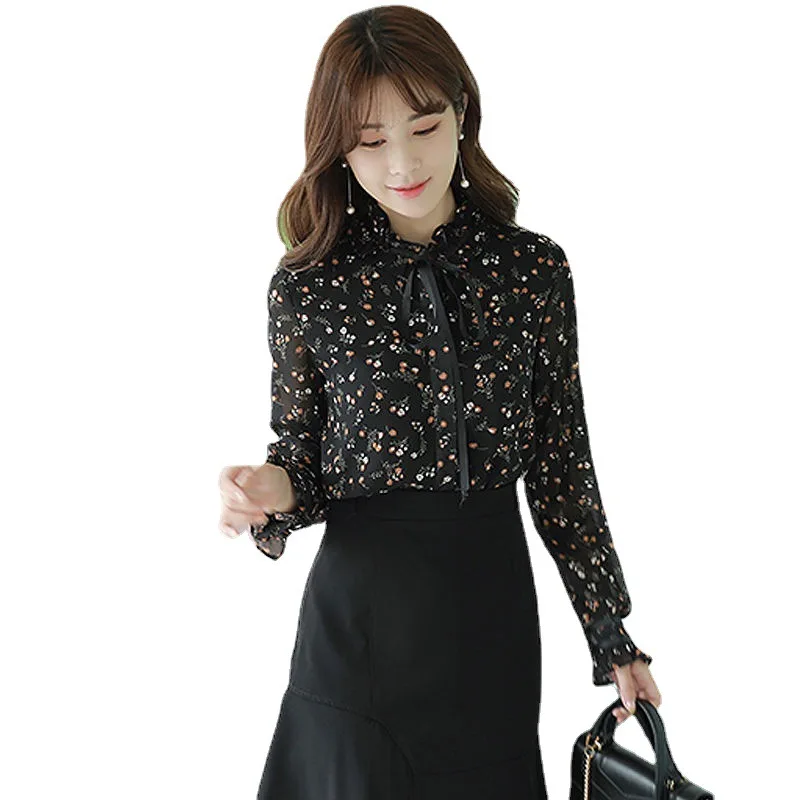 

New Women Casual Basic Spring Autumn Chiffon Print Blouse Top Shirt Floral Long sleeve Plus Size S~XXL