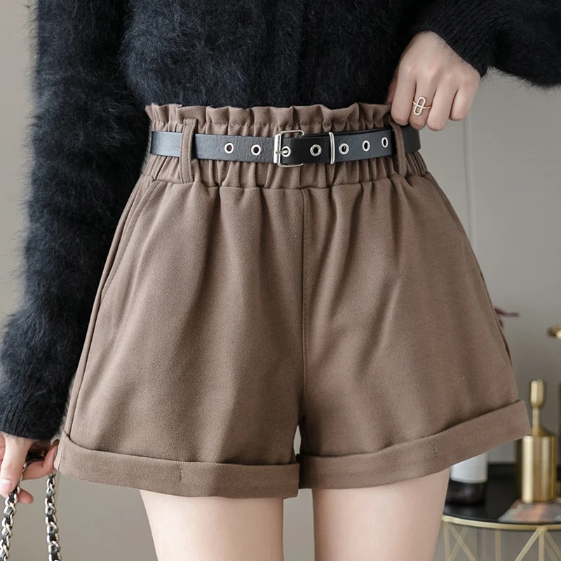 

Women's Shorts Elastic Waist Casual Loose Woolen Wide Leg Boots Shorts Warm Korean Winter Pant with Belt High Waisted Trousers