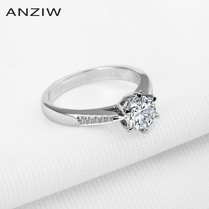 ANZIW круглой огранки 1 ct Сона 6 зубцами 925 Твердые Серебряное кольцо для Для женщин