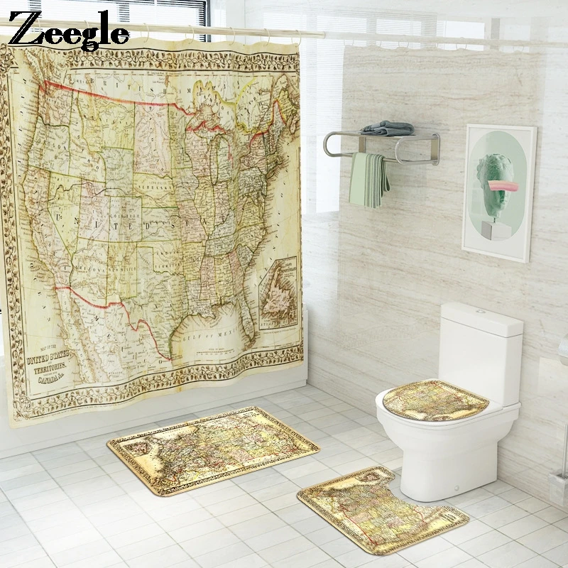 Коврик для ванной и занавеска душа с принтом карты мира набор фланелевых
