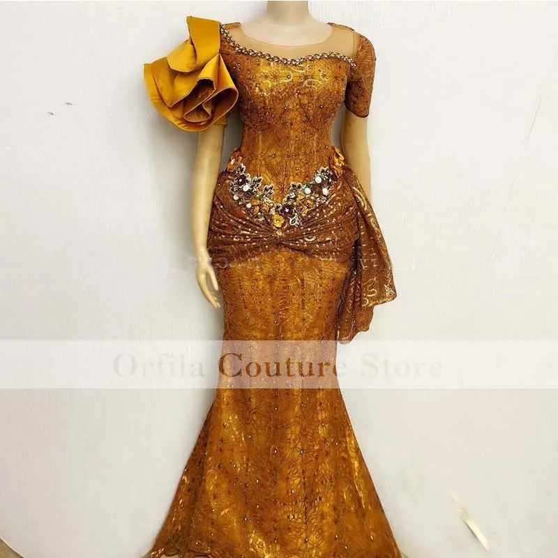 

Traditional African Aso Ebi Formal Evening Dress Mermaid 2021 Lace Beads Scoop Prom Dress Long 2021 robe de soirée de mariage