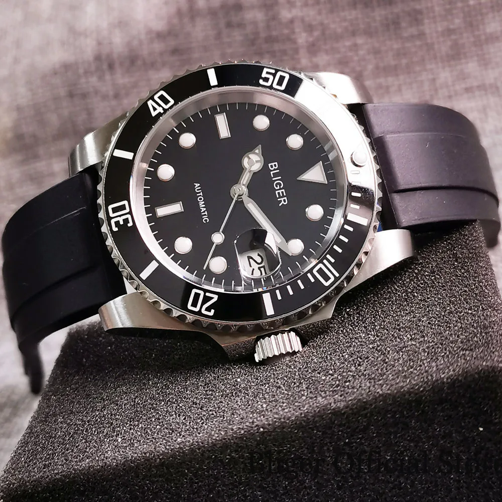 Купить Мужские черные Автоматические часы BLIGER, 40 мм, 24 Драгоценности NH35 PT5000, лупа даты, светящийся резиновый ремешок, корона, керамика, YM ободок