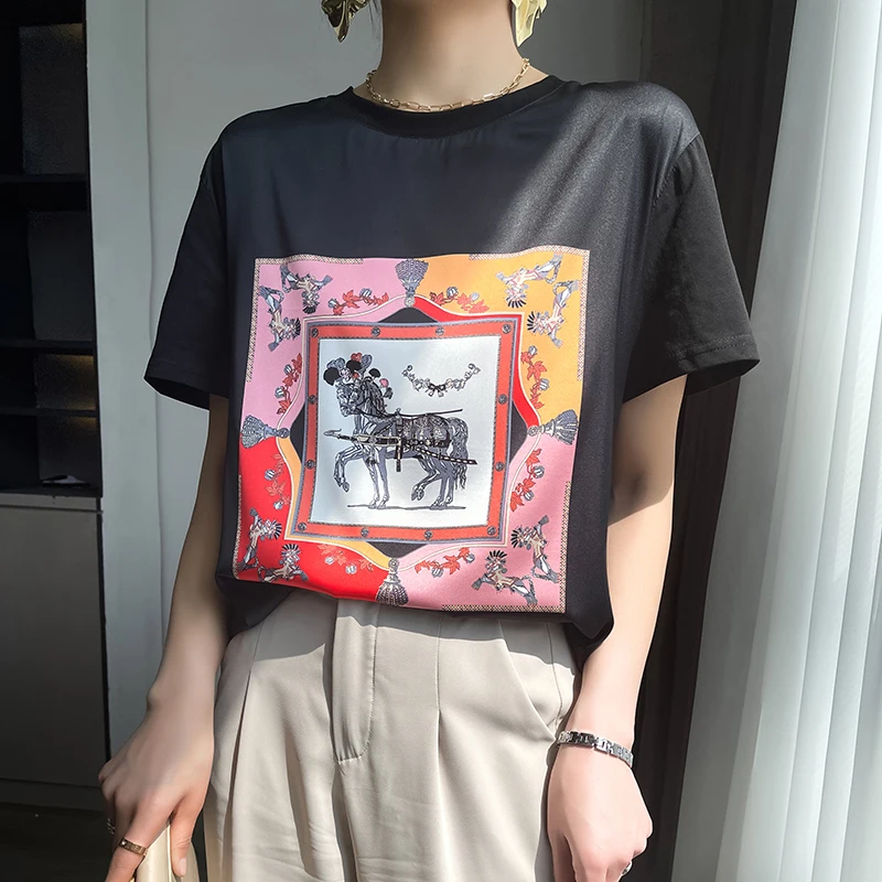 Новая Летняя шелковая атласная футболка с коротким рукавом принтом тутового