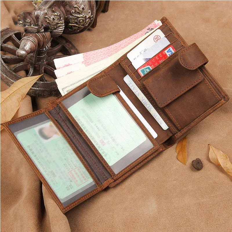 

Men Wallet Crazy Horse Leather RFID Wallets Coin Purse Clutch Open Top Quality Retro Short Wallet Big Capacity