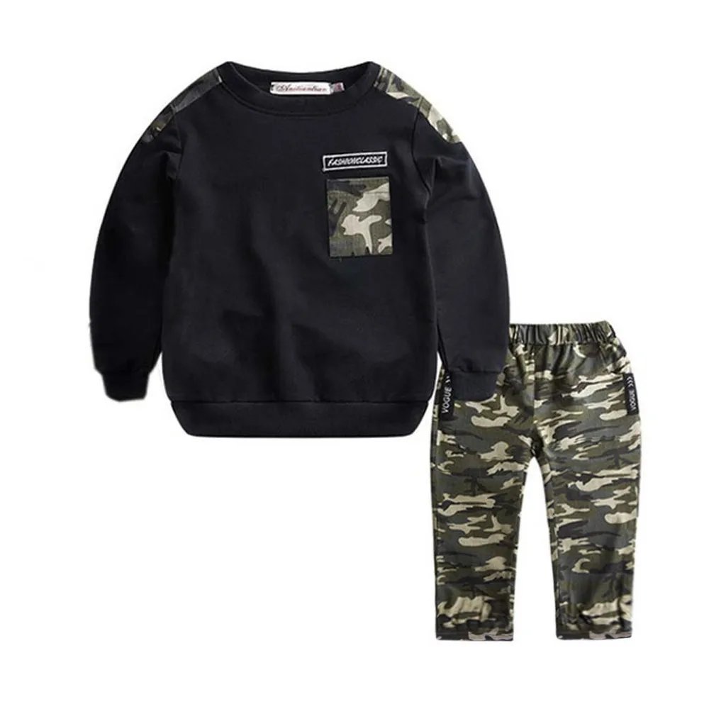 

TELOTUNY kids clothes Teen Kids Baby Boys Long Sleeve O-neck Letter Tracksuit Sweatshirt Camouflage Tops Pants 2PCS Outfits Set