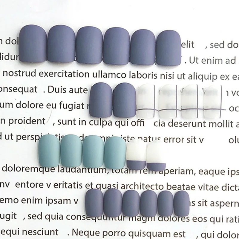 

24Pcs Gray Blue False Nails Medium Hit Color Fake Nails Press On Nails with Glue Nails Accessories Manicure Nail Art Tools