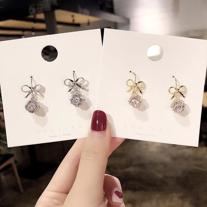 

Wholesale S925 Silvers Pin Earrings Bow Zircon Long Eardrops Jewelry Gift
