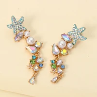fashion bling crystal bead pearl flower long drop earrings metal gold plated chain earrings women summer beach jewelry 2022