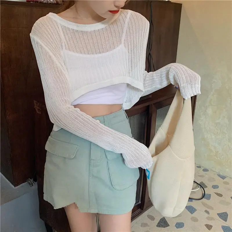 Футболка женская с длинным рукавом простой вязаный Топ для колледжа ажурная