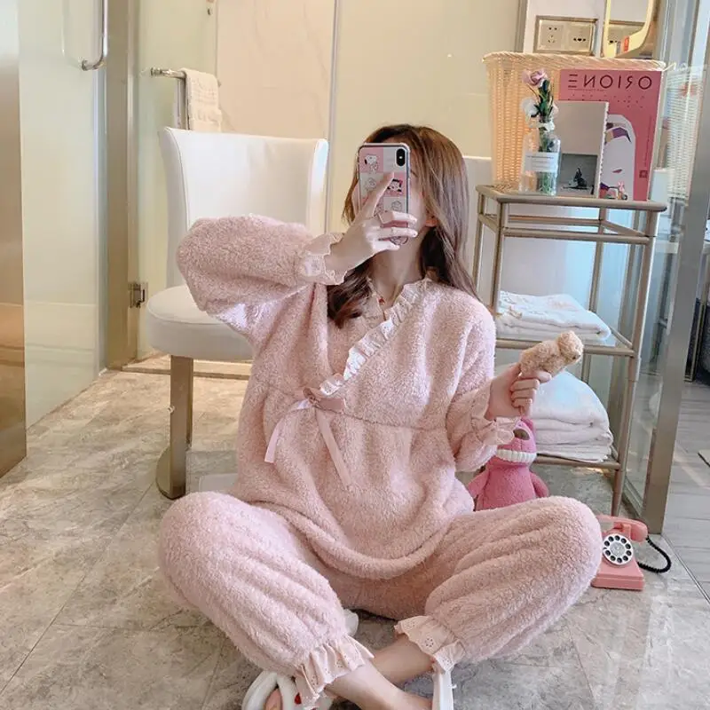 

Imitation Lamb Velvet Nursing Nightgowns Pregnant Pajamas Pregnancy Women Winter Postpartum Breastfeeding Sleepwear 2-Piece Set