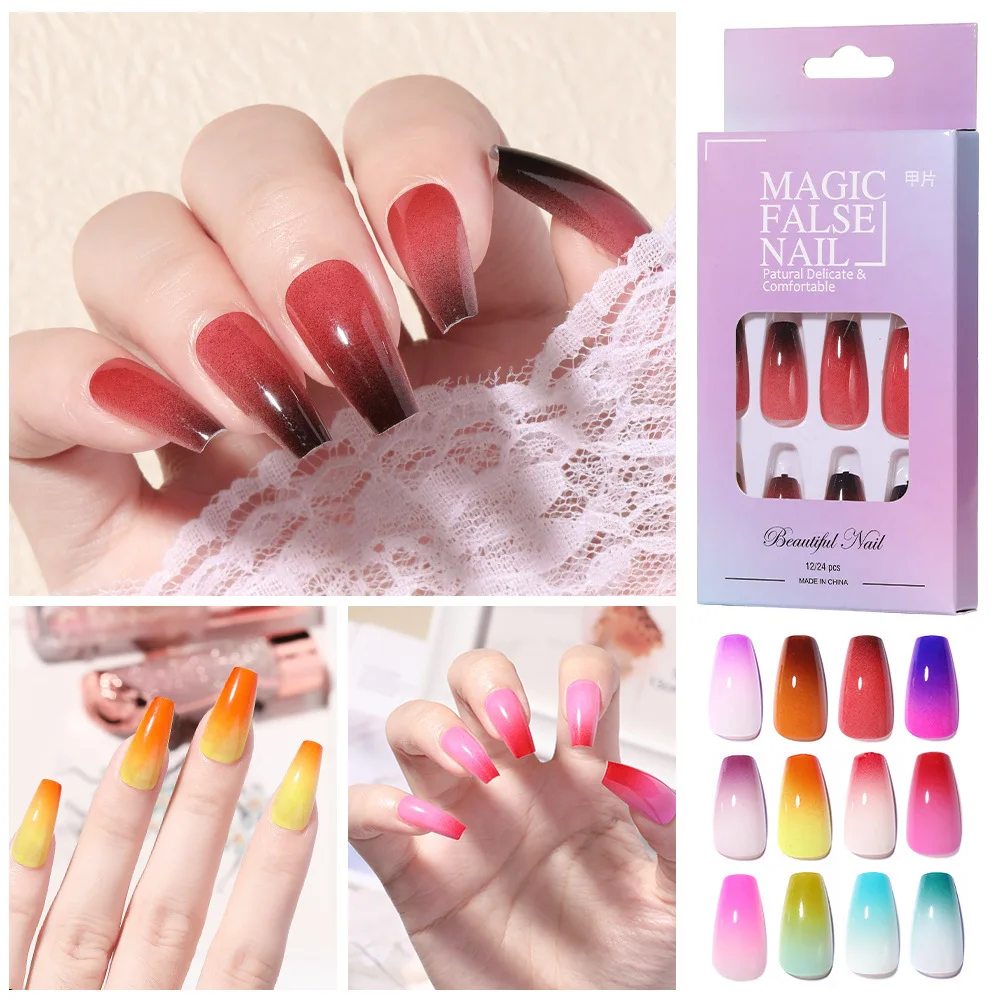 

24pcs/Set Detachable Long Coffin Fake Nails European Rainbow Ballerina Full Nail Art Tips Colorful Beauty Artificial False Nails