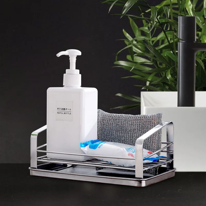 

Kitchen Sink Organizer Stainless Steel Sponge Brush Holder with Drip Tray Sink Caddy Cleaning Tools Drainer Rack