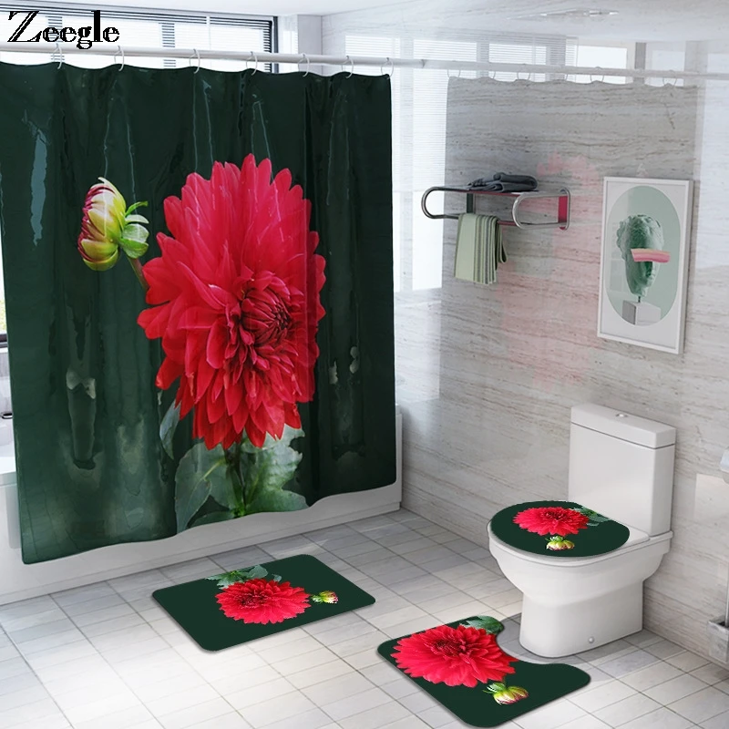 

Floral Bath Mat Set with Shower Curtain Set Bathroom Carpet Rugs Toilet Carpet Bathroom U-Shaped Foot Rug Absorbent Shower Mat