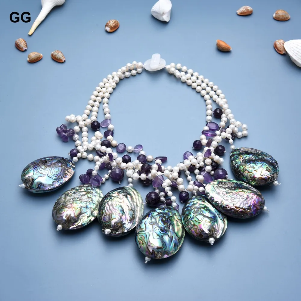 Ювелирные изделия GuaiGuai 3 нити белый жемчуг Фиолетовый аметист пава Абалон