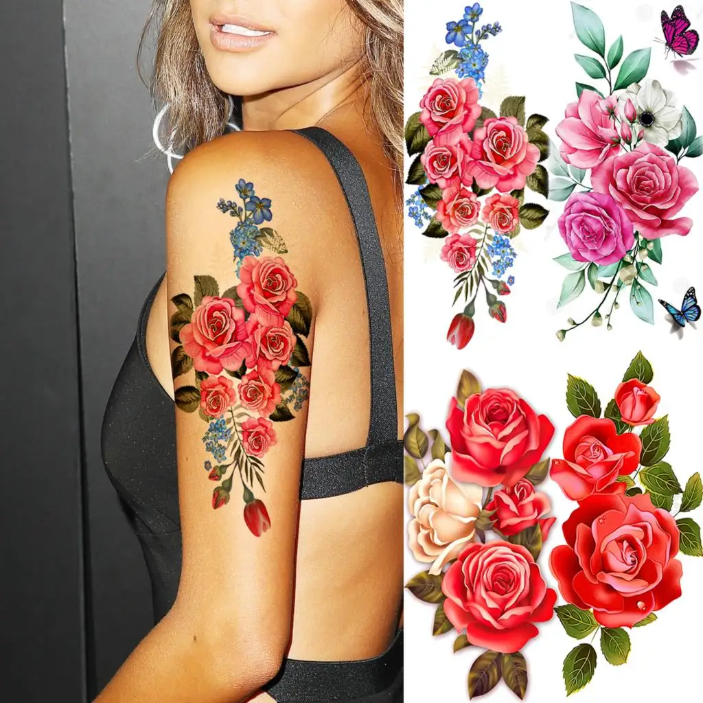 

3D Watercolor Rose Arm Temporary Tattoos For Women Adult Girl Peony Flower Butterfly Fake Tattoo Fashion Half Sleeve Tatoo Decal