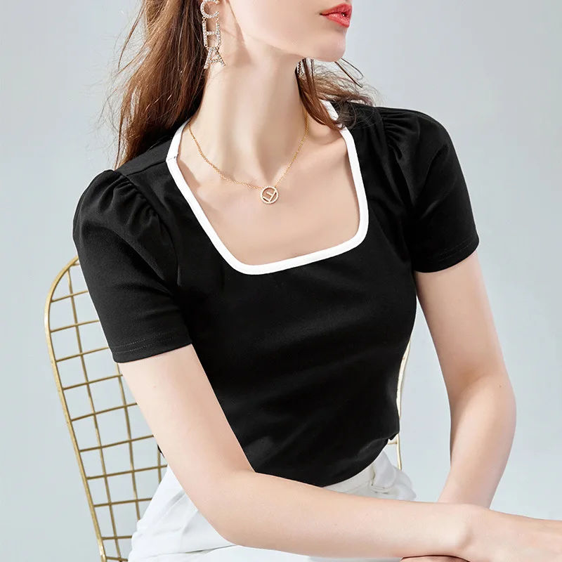 

Color contrast T-shirt short sleeve summer dress new women's cotton T-shirt French square neck bubble sleeve top