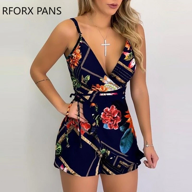 

Женский летний сексуальный комбинезон без рукавов с цветочным принтом и V-образным вырезом