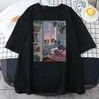 Женская футболка большого размера, с изображением ночного города и мультипликационным принтом, в стиле Харадзюку, мягкая, свободная, модная, повседневная, женская футболка