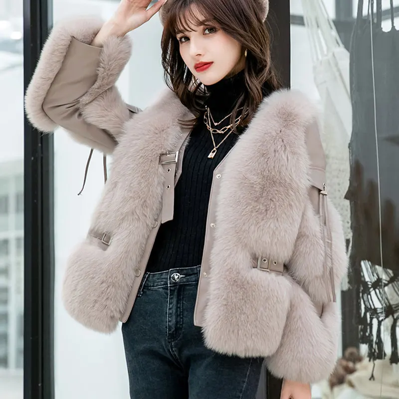 

Winter Warm Luxury V Neck Woman Real Fur Coats Genuine Sheepskin Leather Jackets Motor & Biker Coat ZSYF0004