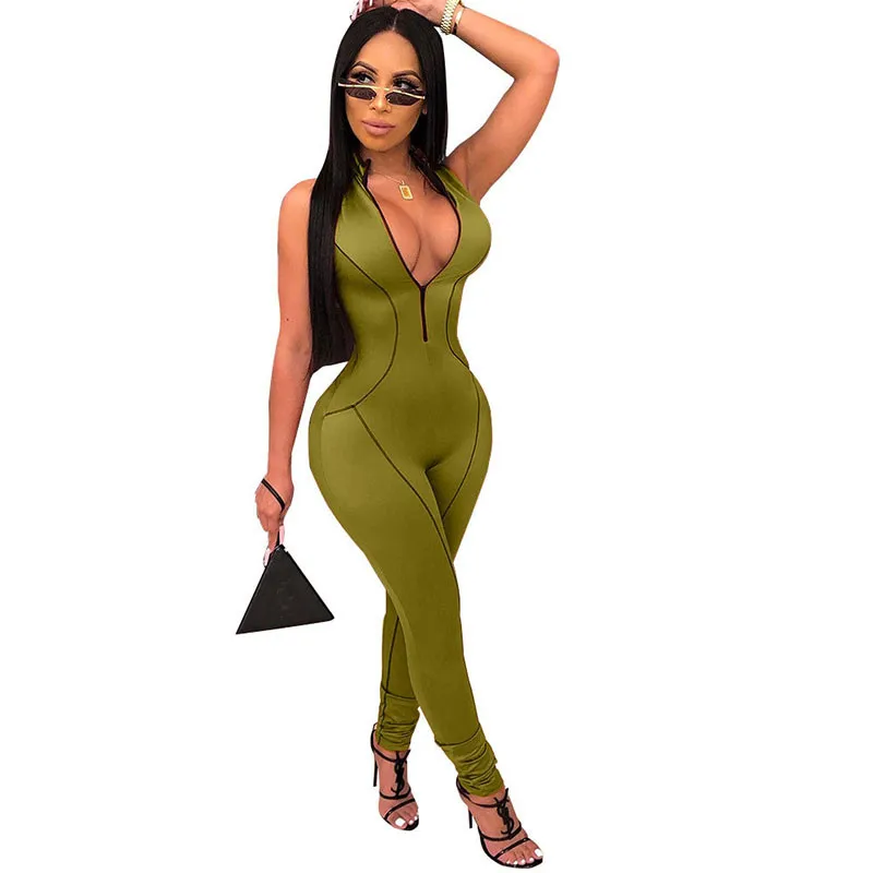 Оранжевое на молнии Глубокий v-образный вырез облегающий женский комбинезон для