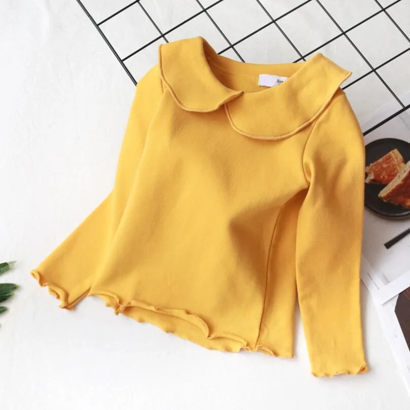 yellow kids t shirt Блузка для девочек хлопковая Футболка с воротником «Питер Пэн» Детские рубашки Однотонная рубашка с длинными рукавами для малышей футболка для девочек топы, детская одежда - Цвет: yellow kids t shirt