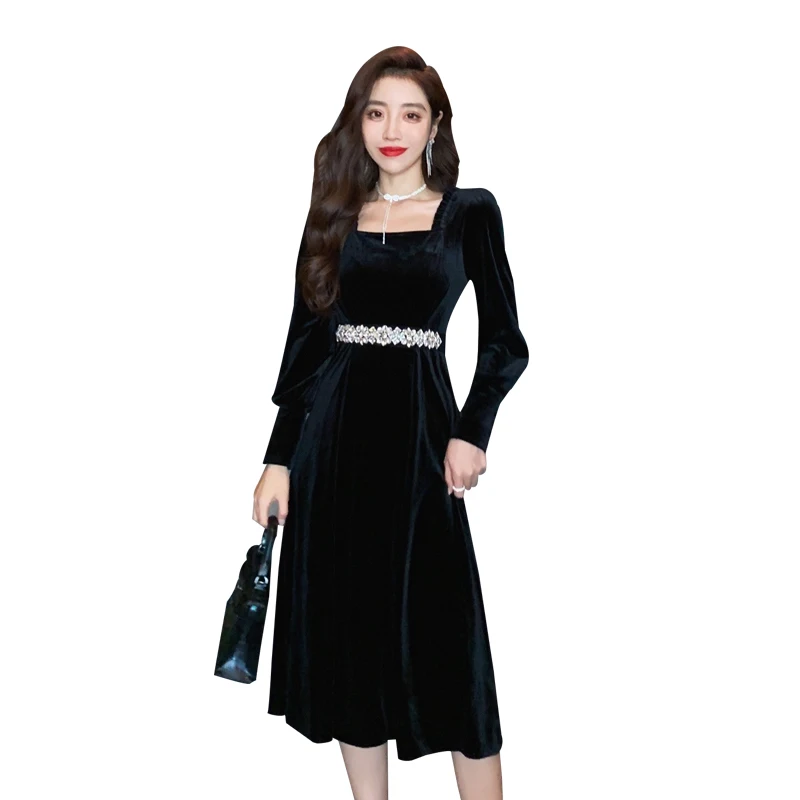 

Zoulv Spring Elegant Vintage Waist Crystal Design Women Velvet Slim Tunic Dress Girl Lady Square Collar Long Sleeve Midi Dresses