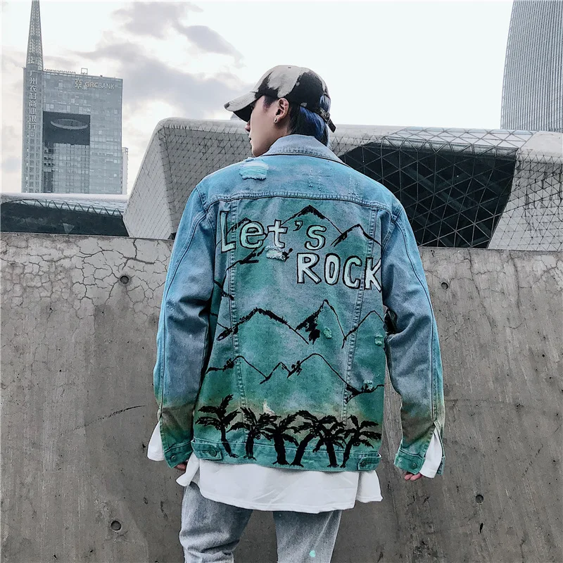 

Fashion Hipster Men's Ripped Loose Denim Jacket Gradient Color Jeans Coats Mens Hip Hop City Pattern Print Cowboys Male Jackets