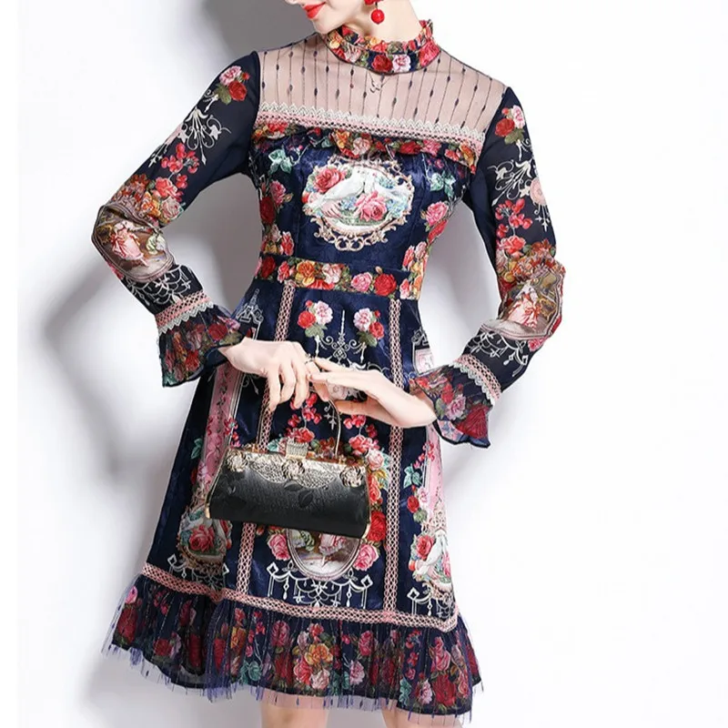 

Runway New 2021 Fashion Summer Mini Dress Women Flare Long Sleeve Mesh Patchwork Designer Floral Print Short Jacquard Dress