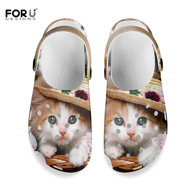 Billig FORUDESIGNS 2021 Sommer Sandalen Frauen Loch Schuhe 3D Nette Katze Muster Weibliche Hause Hausschuhe Garten Schuh Casual Wohnungen Rutschen