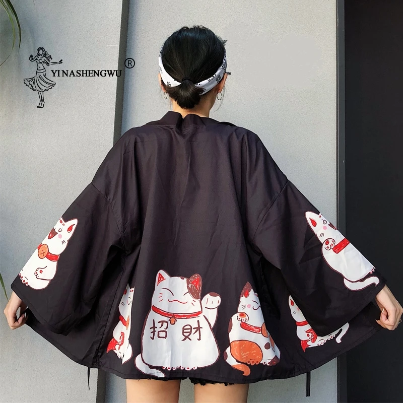 

Japanese Lucky Cat Print Kimono Cardigan Female Loose Shirt Tops Beach Casual Coat Yukata Women Kimonos Cosplay Asian Clothings
