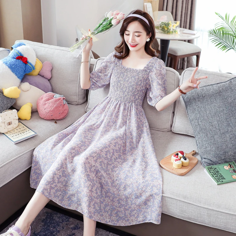 

Шифоновое Цветочное платье с квадратным вырезом, свободное облегающее платье большого размера с коротким рукавом и поясом, Новинка лета 2021,...