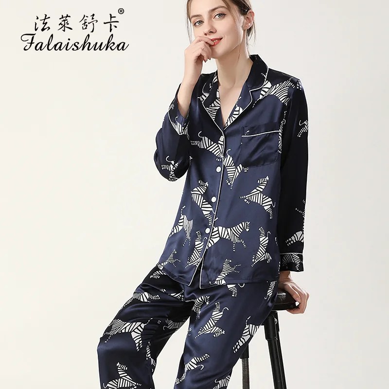 19 momme Sexy Zebra 100% silk pajamas sets women Elegant long sleeve pyjamas sets women Noble silk sleepwear