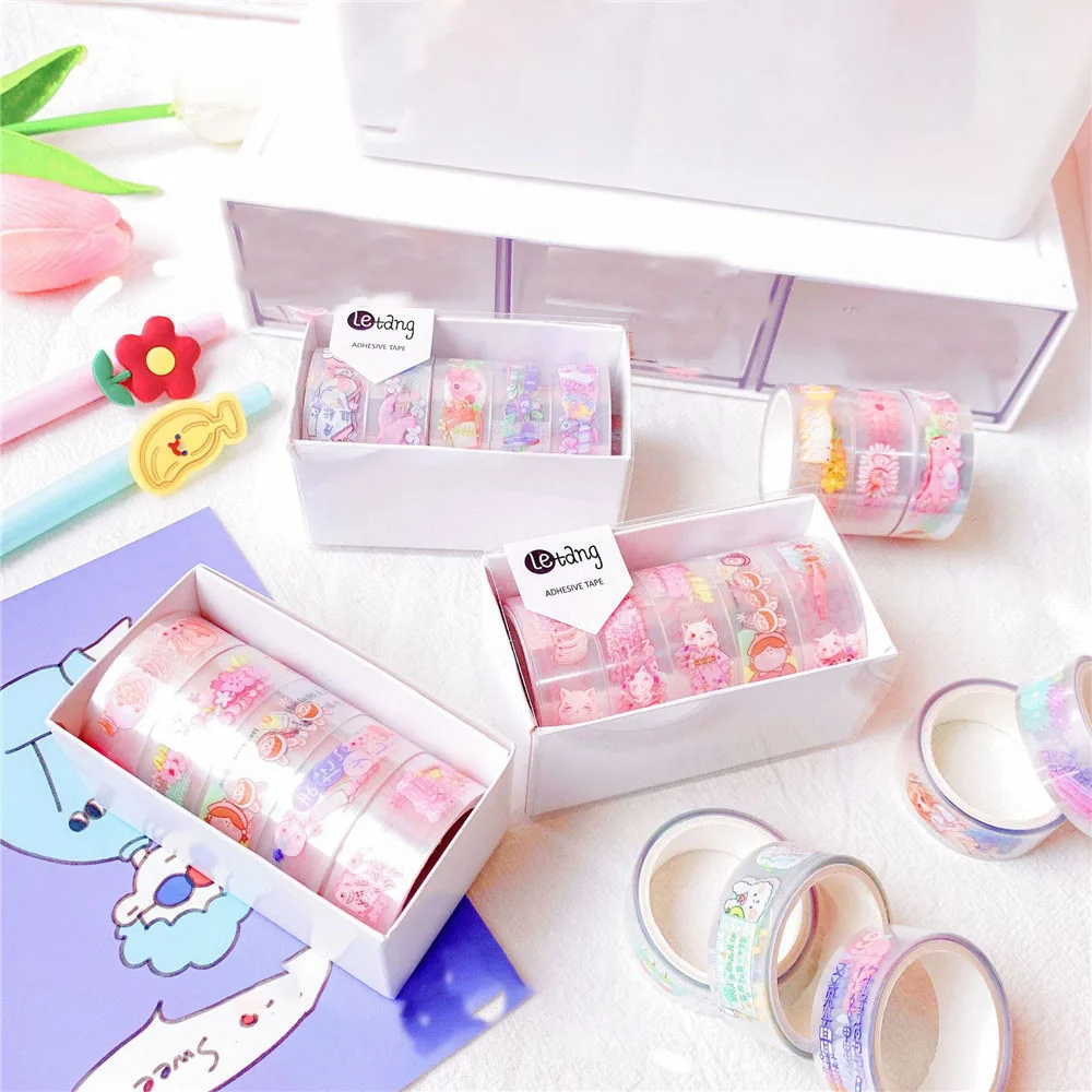 

5 шт. прозрачный набор декоративного скотча Васи Kawaii Бумага лента Washi мультфильмы самоклеющиеся маскировки DIY Стикеры канцелярские принадле...