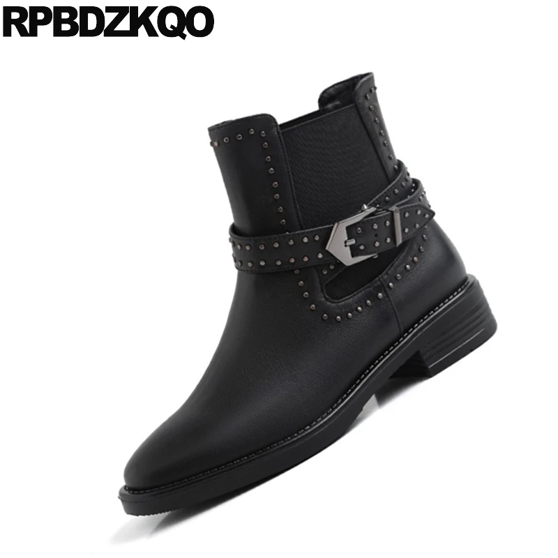 Женские байкерские ботильоны челси с заклепками Черные полусапожки круглым
