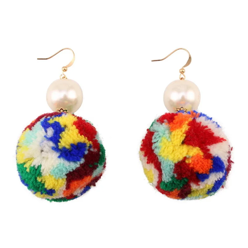 Big Cotton Pom Ball Pendant Imitation Pearl Dangle Earrings for Women Florate Brand Bohemian Ethnic Drop Statement | Украшения и