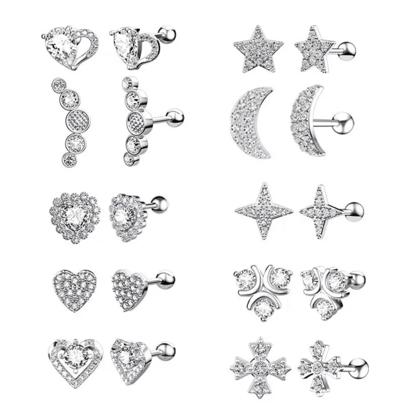 

1PC Tragus Stud Earring Crystal Piercing Jewelry Women Silver Ear Cuff Earring Fahsion Heart Star Shape Earrings Jewelry Gifts