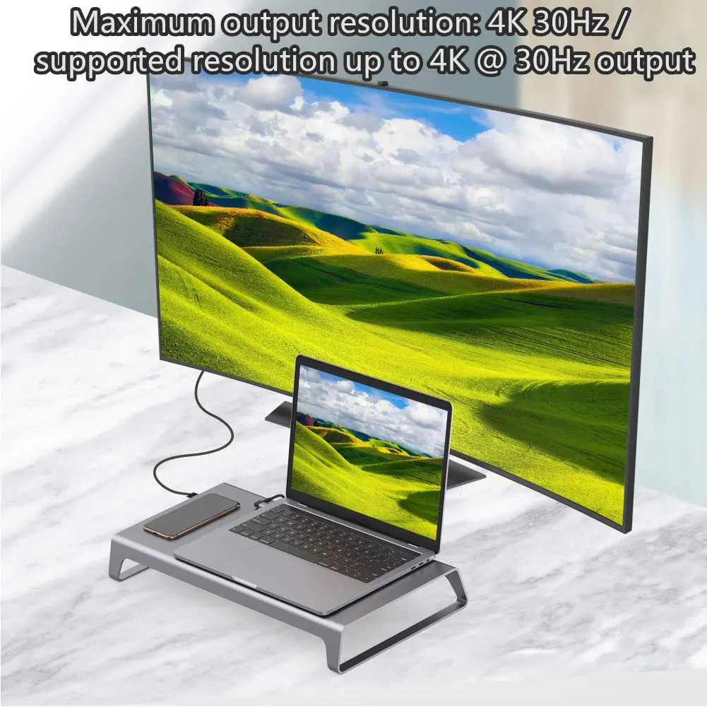 Aluminum Monitor Stand Docking Station with USB C Hub Support 4K HDMI VGA TF Card Wireless Charge AS99