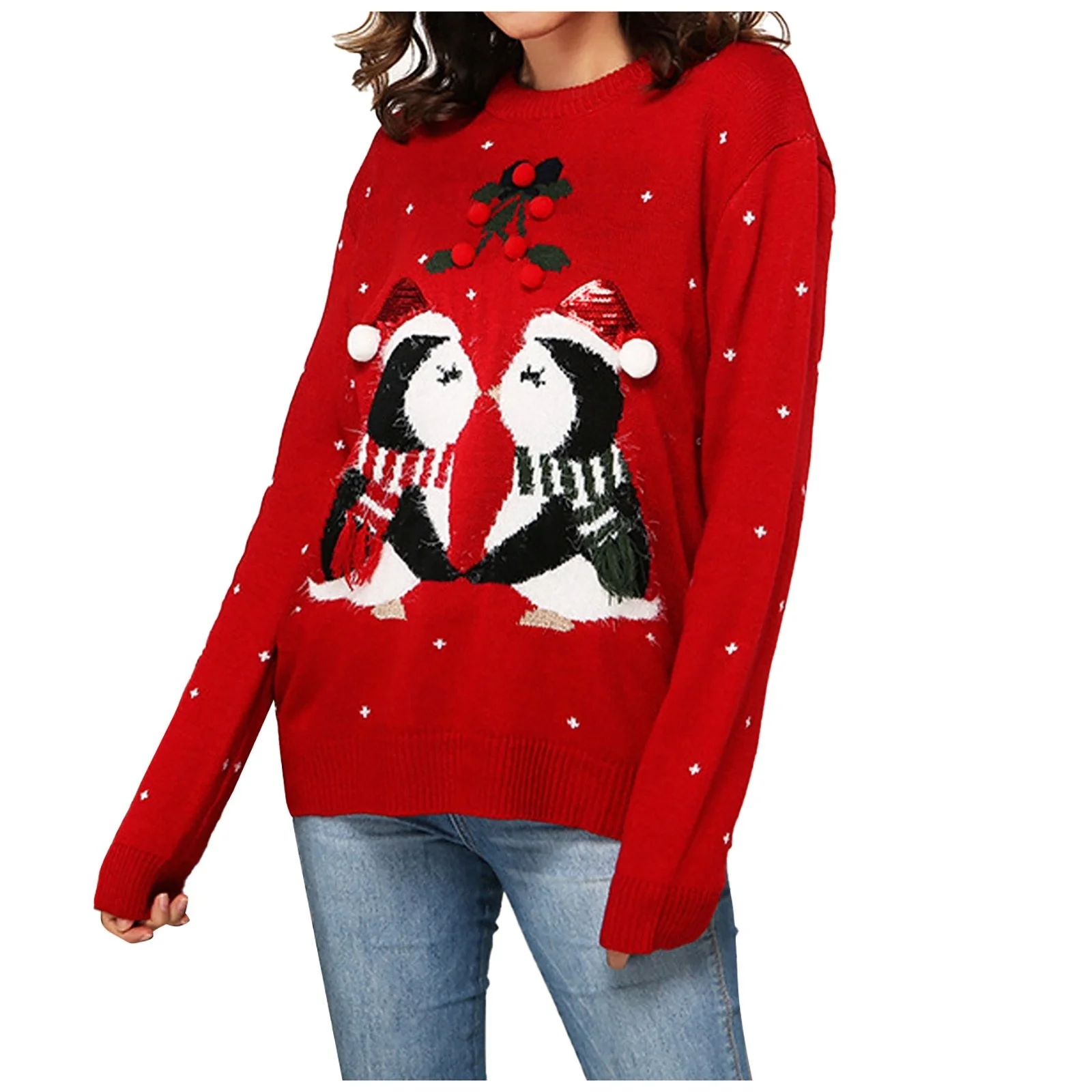 

Feminino natal manga longa bonito pequeno pinguim padrão camisola com franjas bola peludo malha camisola roupas de inverno pull
