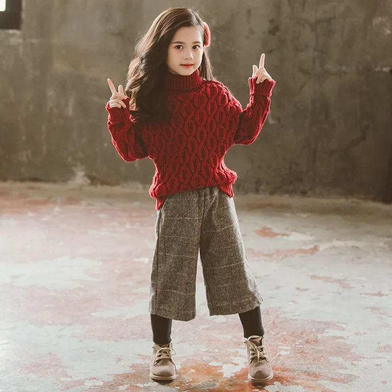 

Knitting Spring Autumn Warm Children Girls Suit Sweater Culottes 2Pcs/Sets Long Sleeve Clothing Kids Sport School High Quality