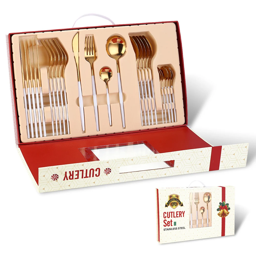 

24pcs Mirror Finish Dinnerware Set Stainless Steel Cutlery Rustproof Smooth Edge Gift Cutting Tool Fork Spoon Christmas Portable