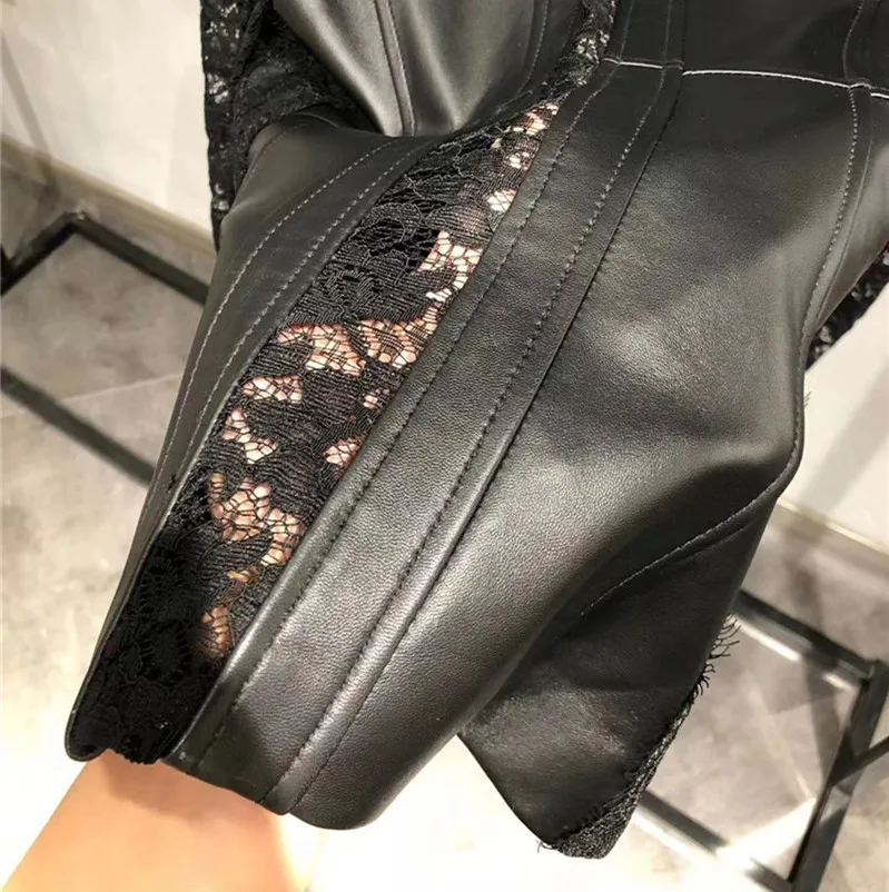 New Lady Autumn Fashion brand Leather Jacket Lace Patchwork Long Sleeve V-neck Short Outwear Sheepskin jacket