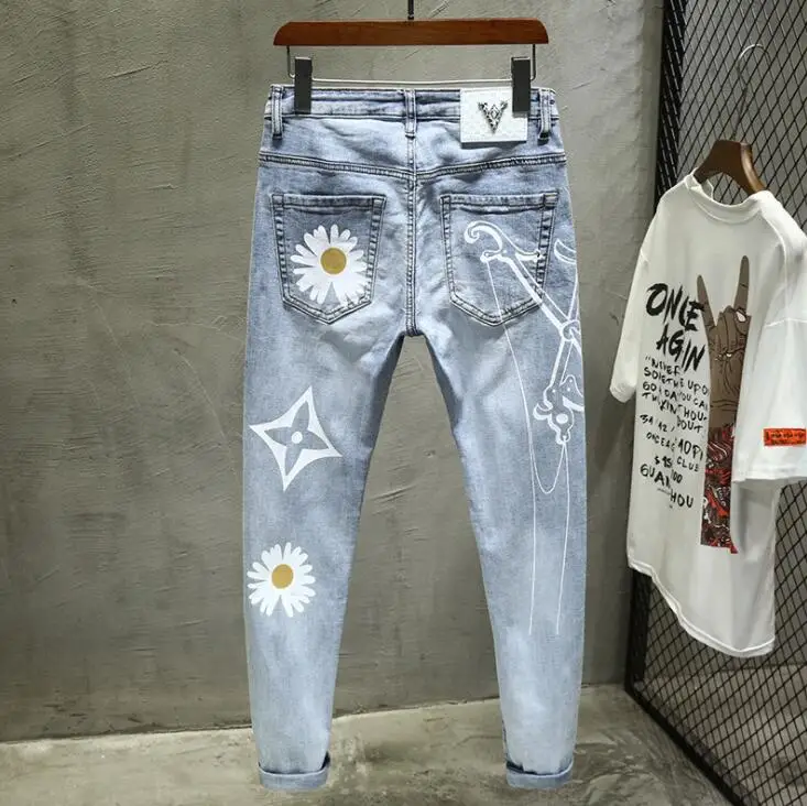 men's elastic feet jeans джинсы для мужчин original design new European and American embroidery printing slim trendy pants