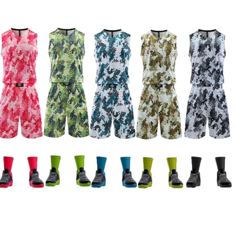 

Camouflage Basketball Jersey Men Gym Quick-drying Wear-resistant Sports Vest Suit Pocket Shorts Breathable Loose Large Size -40