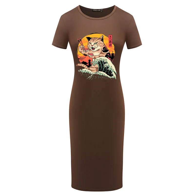 

2021 Sexy Women Ukiyoe Cat Print Dress Summer Short Sleeve Elegant Party Pencil Dress Plus Size Vintage Bodycon Robes Vestidos